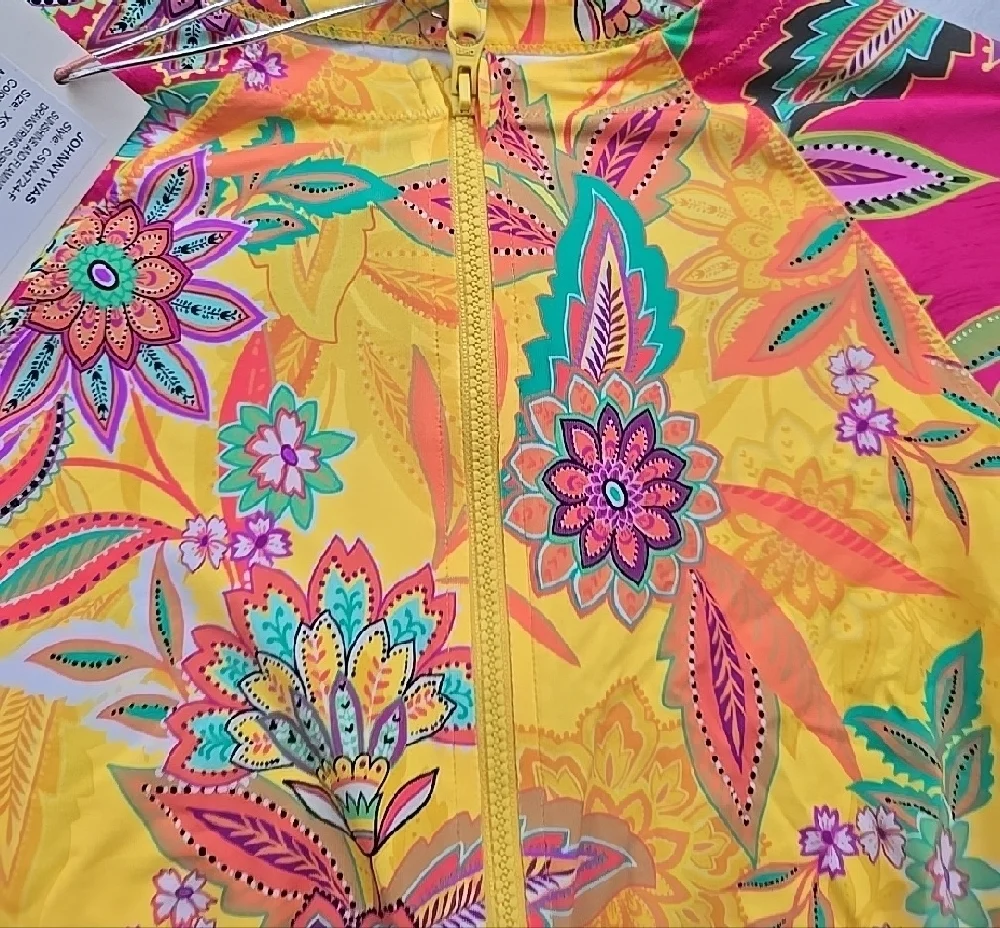 NWT Johnny Was Sunshine and Flamingo Drawstring Surf Shirt Multicolor Floral UV